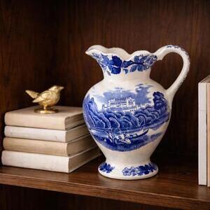 Vintage Blue & White Transferware Pitcher 6 Inch Ceramic Vase